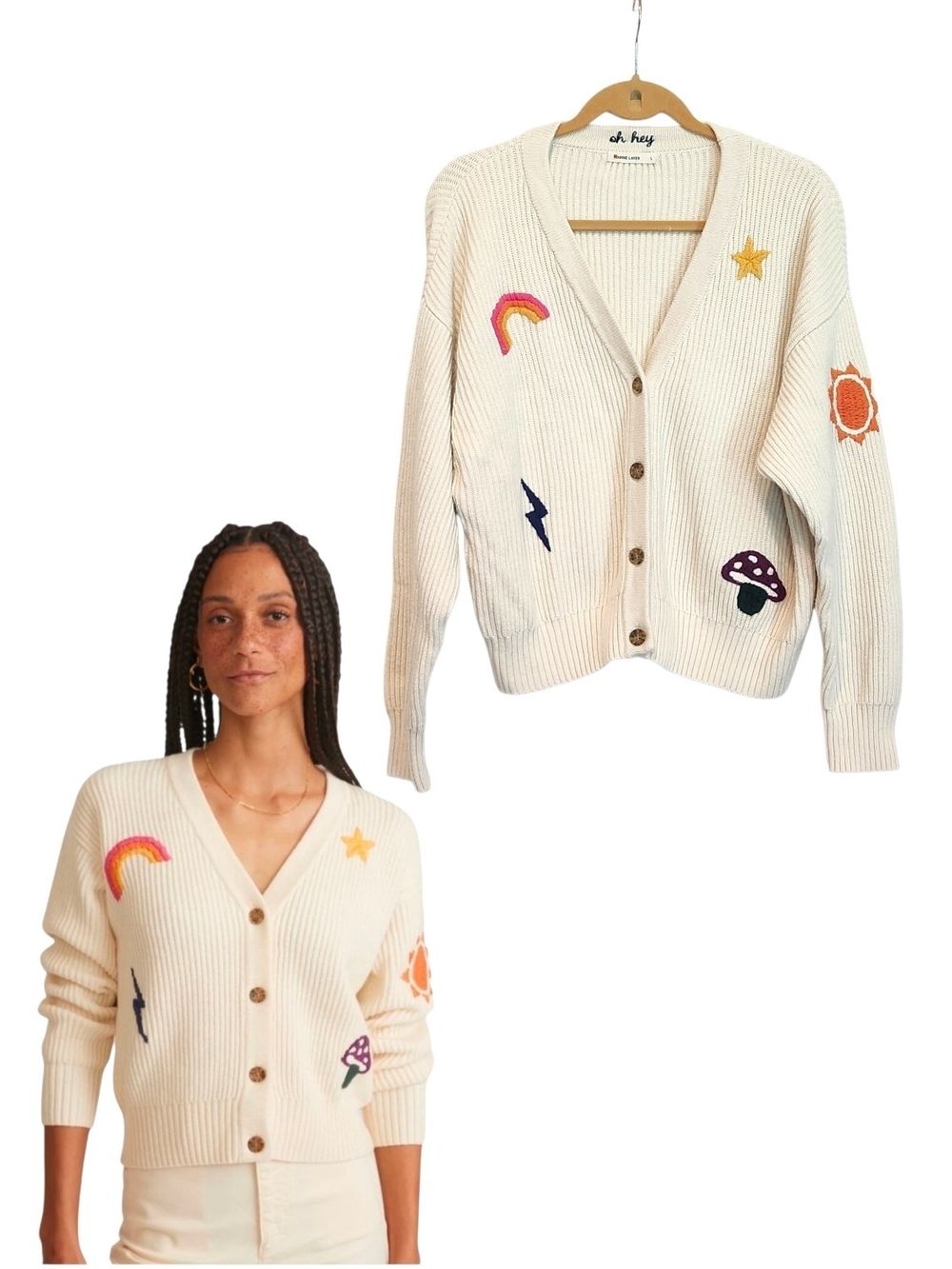 Marine Layer Robin Crop Whimsical Wool Blend Embroidered Rainbow Cardigan Sz L